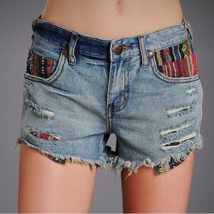 FREE PEOPLE Multicolored Denim Distressed Patchwork Tribal Shorts Size 27